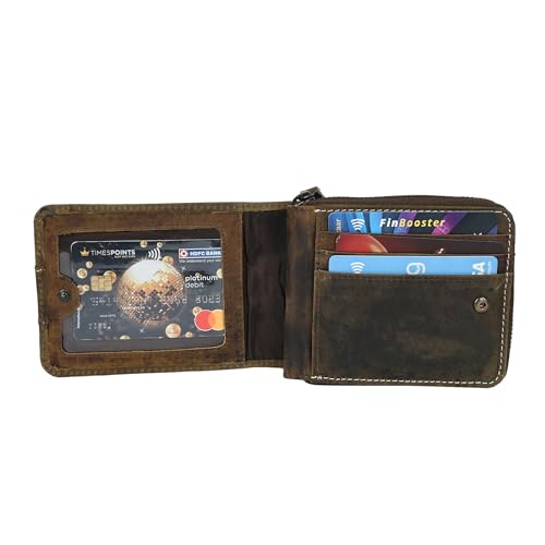 Image of Men's Leather Wallet | RFID Blocking | Slim Bi Fold with Multiple Card Slots and Zip Protection | Card & Money Organizer | Classic Style Leather Wallet | Travel Office Carry | Brown