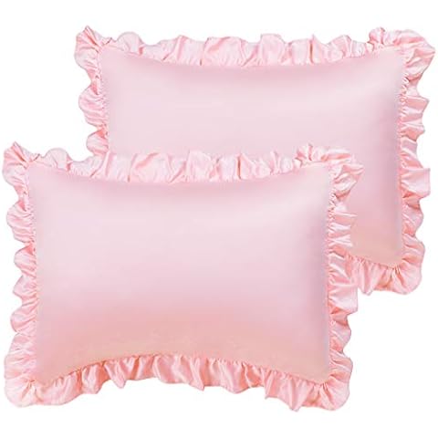 PiccoCasa Satin Pillow Cases for Hair and Skin, 2-Pack-Ruffled Pillow Shams Oxford Pillowcases Covers with Envelope Closure Pink Boudoir (12x16inch + 3inch Hem) Cover