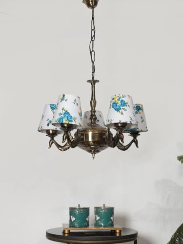 Image of Devansh 05-Light Printed Conical Multicolor Cotton Shade Chandelier - Antique Golden Finish | Adjustable Cord | Warm Glow Lamp - Ceiling Light for Living Room, Dining Area, BedroomDecor - D2