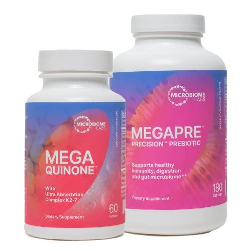 Microbiome Labs Megapre Prebiotic To Support Digestion & Gut Barrier (180 Capsules) + Megaquinone K2-7 Complete Vitamin K Supplement With Magnesium, Zinc (60 Capsules) - 2 Product Bundle #TOP7