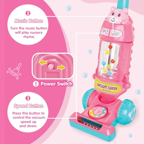 Image of FS Kids Vacuum Toy that Works with Lights & Sounds, Pretend Play Toy Vacuum for Toddlers 2-3, Toddler Vacuum Toys for Ages 18M+ Girls, Push Toy with Ball-Popping Action, Pink