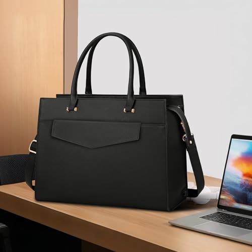Laptop Bag for Women 15.6 inch Leather Tote Bag 2pcs Set Professional Work Bag with Clutch Purse Large Office Computer Tote Teacher Purse Shoulder Bag, Black2
