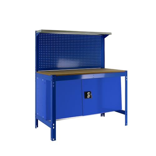 Simon Rack Banco de Trabajo Taller, Capacidad Carga 400 kg, 1445x910x610 mm, Mesa de Trabajo, Guarda Herramientas, Azul/Madera - BT3