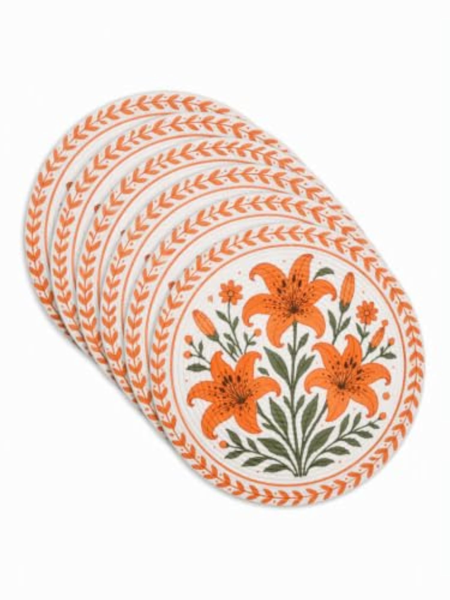 Round Cotton Dining Table Mat, Orange Lily Floral Printed Placemat