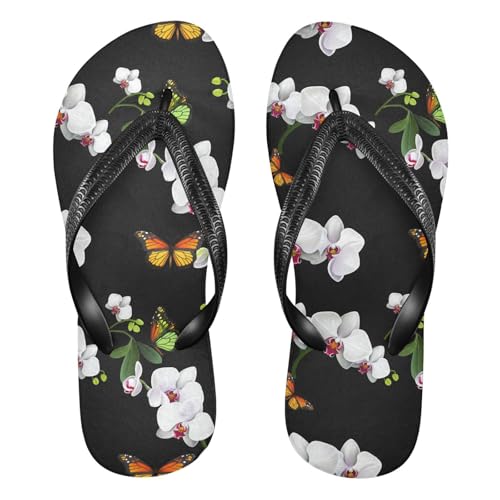 Butterfly Bloom Black Flip Flops for Beach Thong Sandals Anti-slip Lightweight Shower Shoes for Indoor Outdoor House