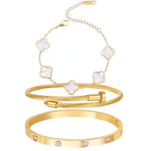 18K Gold Plated Four Leaf Clover Bracelet Bangle Set for Women Stack Bracelets Stainless Steel Bangle Set for Love Trendy Jewelry Gifts for Women (3 Sets(Bracelet,2Bangle))