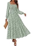 KIRUNDO Wedding Guest Dresses for Women Long Sleeve Smocked Floral Flowy A Line Boho Maxi Dress Spring Fashion Clothing (Sage Green, Large)
