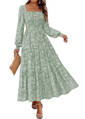 KIRUNDO Wedding Guest Dresses for Women Long Sleeve Smocked Floral Flowy A Line Boho Maxi Dress Fall Clothes(Sage Green, X-Large)