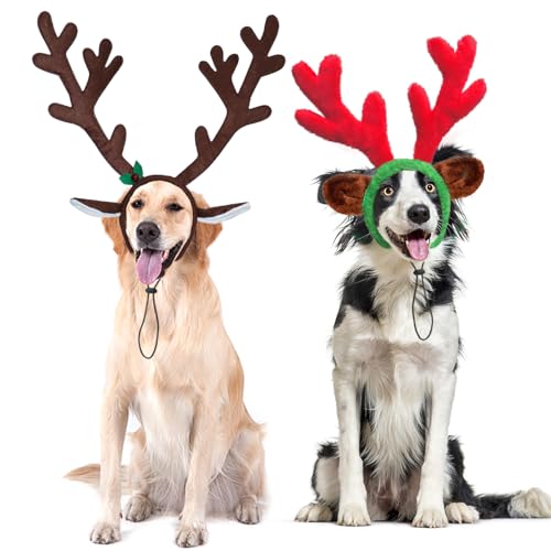 Mfsdai Fita de rena para animais de estimação com chifres de alce, acessório de cabeça de Natal ajustável, fantasia e fantasia de presente para cães médios e grandes