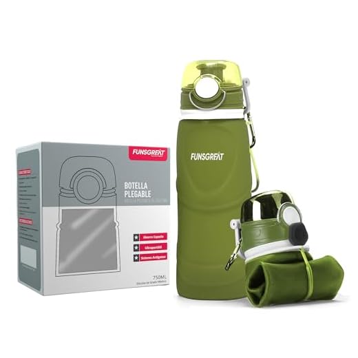 FUNSGREAT Botella Plegable y Flexible de Silicona 750ML - Calidad Médica BPA - Botellas de Agua Enrollables Colgables y Reutilizables a Prueba de Fugas para Aire Libre Deportes y Gimnasio (Verde)