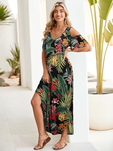 Image of BELAROI Womens Cold Shoulder Maxi Dress Plus Size V Neck Summer Sundresses with Pockets Beach Coverup Vacation Outfits