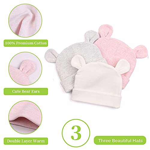 Jangannsa Cotton Newborn Baby Girls Hat Spring Newborn Boys Hat Cute Bear Infant Beanie (White+Pink+Gray, 0-6M) #TOP3