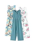 PATPAT Girls Jumpsuit Size 7-8, Green+White Floral+Palm, 3 Pack Jumpsuits Girls Rompers Size 7-8, V Neck Sleeveless Button Up Rompers With Pockets, Jumpers Kids Overalls