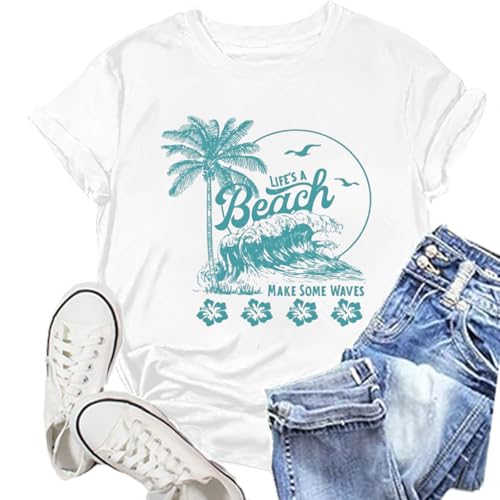 On Cruise Time, maglietta da donna con grafica con palme e spiaggia, estiva, per feste in spiaggia, vacanze, a maniche corte, bianco, M