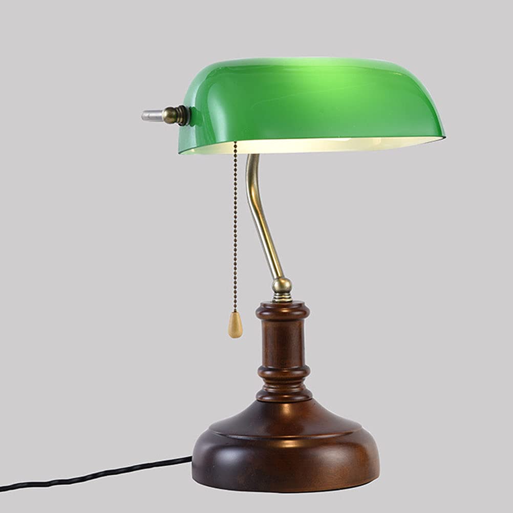 Lámpara De Mesa Madera Clásico Lámpara De Banquero Lámpara De Escritorio Ajustable Giratoria Lámpara De Cabecera Pantalla Vidrio Verde E27 Iluminación De Escritorio Industrial Lámpara De Lectura