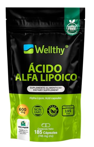 Vitamínicos, Wellthy Ácido Alfa Lipoico 600mg en SOLO UNA CÁPSULA 185 Cápsulas. 185 Dosis Completas, NON GMO, Vegan Friendly, VCaps Tecnología Cápsulas Veganas, Bottle...