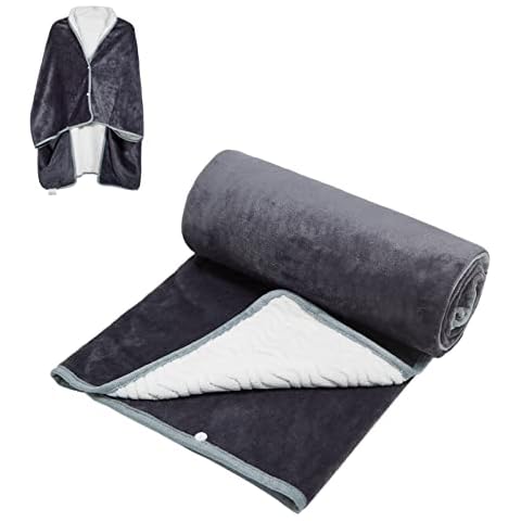 Flannel Wearable Blanket for Women, Double-Side Plush Blankets, Warm Cape Throws with Buttons for Lap Bed Sofa Office Travel, Dark Grey Cover
