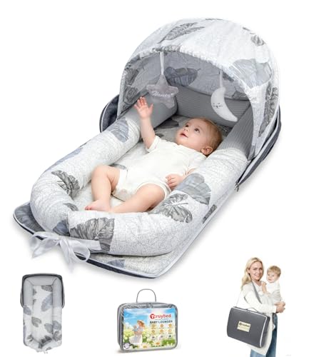 Baby Lounger, Portable Foldable Travel Lounger for Newborn 0-12 Month, Washable Lightweight Infant Nest with Canopy, Soft Breathable Baby Nest with Adorable Pattern, Home & Outdoor Use