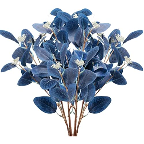 HAOSHICS Lot de 6 tiges d'eucalyptus artificiel - Feuillage artificiel bleu avec graines de dollar argenté pour décoration d'intérieur, cuisine, arrangements de vases...