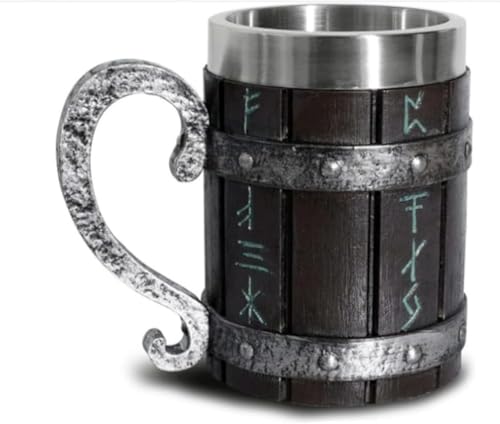 Zxyler 模造樽デザイン レザーハンドル付き クリエイティブステンレススチール 大容量ジャイアントカップ レトロ海賊風 個性的ビールカップ 模造木材風外装
