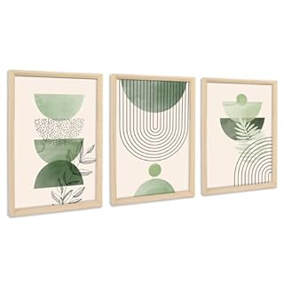 3Pcs Cadre en bois Impression sur Toile Boho Vert Sauge Tableau Peinture Minimaliste Géométrique Beige Vert Tableau Decoration Murale Salon Chambre Maison 90x40cm(12"x16"x3pcs) (Pas de plexiglas)