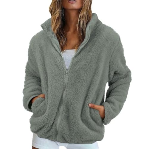 FlekmanArt Womens Fuzzy Fleece Jacket 2025 Fall Winter Casual Long Sleeve Full Zip Sherpa Soft Warm Sweatshirt Coats Outwear Light Gray