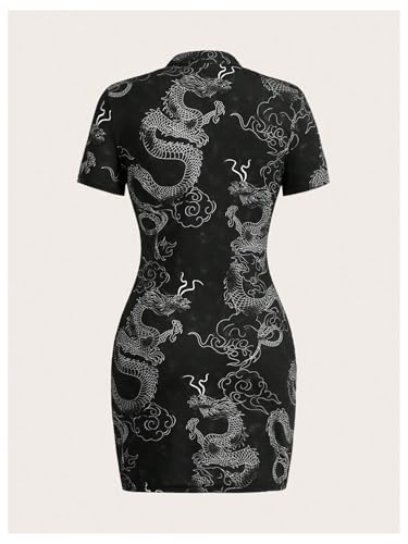 SOLY HUX Women's Chinese Cheongsam Short Sleeve Dragon Print Dress Mini Bodycon Evening Dresses2
