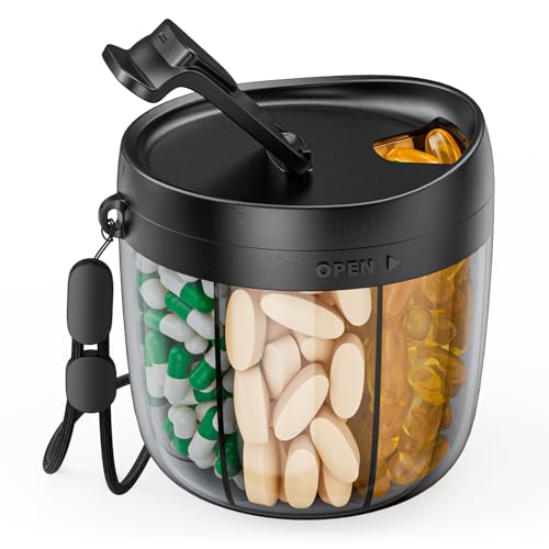 PULIV Portable Pill Dispenser Bottle, Vitamin Organizer with 7 Compartments, Holds Plenty of Supplements with Anti-Mixing & Wide Openings Design, Easy to Retrieve Meds, Includes 20 Pcs Sticky Labels