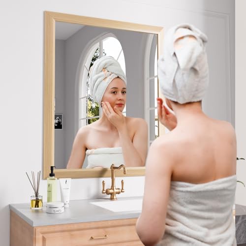 Amorho 36 X30 Inch Bathroom Mirror for Wall, Oak Wood Grain Metal Framed Mirror, Anti-Rust, Hang Horizontally/Vertically, Suitable for Bedroom, Farmhouse, Bathroom, Decorative