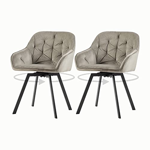 OFCASA Lot de 2 chaises de salle à manger pivotantes rembourrées en velours avec accoudoirs et pieds pivotants pour la maison, la cuisine, les loisirs, gris