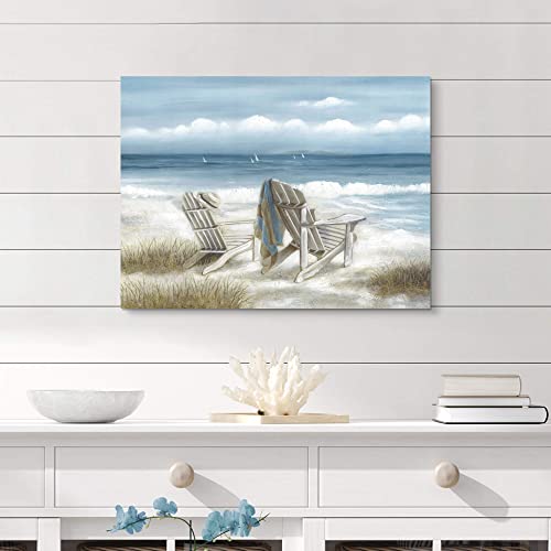 Abstract Beach Canvas Wall Art: Modern Bedroom Blue Ocean Wave Picture Relaxing Living Room Tropical Coastal Scene Print Sea Landscape Painting 24X18 Horizontal Summer Seascape Artwork #TOP3