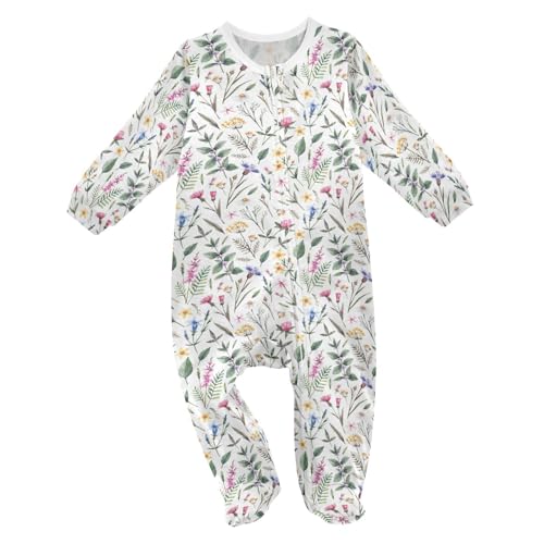 Dussdil Botanical Wild Flowers Baby One-Piece Footies Newborn Rompers Pajamas Cotton Footed Pjs for Sleep Play Boys Girls 24M