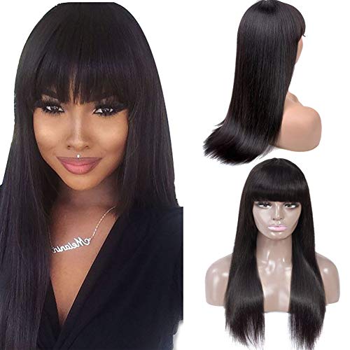 Healthair Straight Wigs With Bangs Human Hair Silky Brazilian Hair None Lace Front Wigs glueless Machine Made Wigs For Black Woman Straight Human Hair Wigs with Baby Hair (18", Straight)