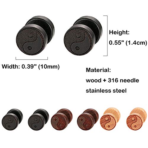 Rofusn Vintage Men's 6Pcs Wood Pierced Stainless Steel Yin Yang/Maple Leaves Fake Gauges Tunnel Round Screw Stud Earrings #TOP6