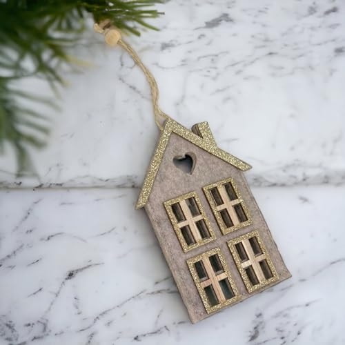 MIJOMA 4 Stück Set Weihnachtliche Filzanhänger, Wunderschön als Christbaumschmuck, für Adventsgesteck, Filz mit Holzelementen & Glitzer verziert, Schlaufe zum Anhängen (Haus 4 Fenster - beige)