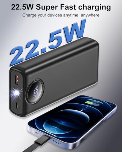 Power Bank 20000mAh met 4 Ingebouwde Kabels, 22,5 W Powerbank Snellaadfunctie en LED Display voor Op reis en kamperen Draagbare Oplader USB C Powerbank met Zaklamp voor iPhone 17 16 15 14/iPad/Samsung - Afbeelding 4