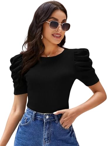 Image of POPWINGS Casual Solid Puff Short Sleeves Round Neck Top for Women |) Stylish Western Tops for Women || Summer Women Top
