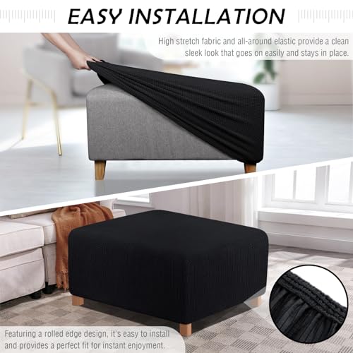 Image of TAOCOCO Ottoman Cover Rectangular Storage Ottoman Slipcover Stretch Footrest Stool Covers Furniture Protectors Spandex Jacquard Fabric with Elastic Band Black