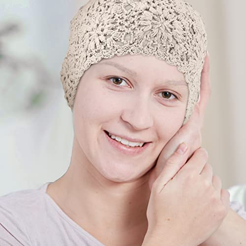 2 Pieces Floral Crochet Slouchy Beanie Hat Handmade Knit Cutout Women Floral Skull Cap Stretchy Knitted Crochet Hat For Women (Beige, Gray) #TOP6