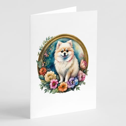 Caroline's Treasures Pomeranian and Flowers Greeting Cards and Envelopes Pack of 8 Blank Cards with Envelopes Whimsical A7 Size 5x7 Blank Greeting Cards