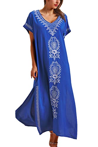 L-Peach Vestido Bordado Largo Kaftan Pareo de Algodón Bikini Cover Up para Mujer Cover