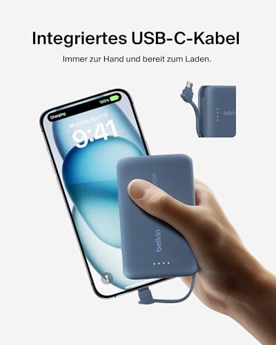 Belkin BoostCharge 10000mAh Power Bank, integriertes USB-C-Kabel – Blau – Ansicht 6