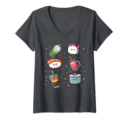 Mujer Cute Sushi - Anime Kawaii - Otaku Japanese Aesthetics Grey Camiseta Cuello V