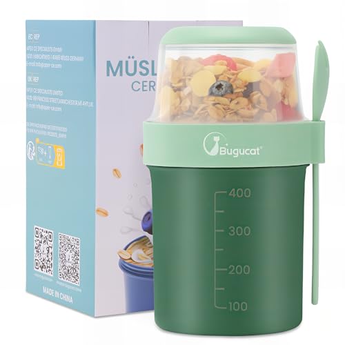 Bugucat 2in1 Müslibecher to Go 560ml+310ml, Praktischer Joghurtbecher & Müslibecher Kinder, Auslaufsicherer Lunchpot Joghurtbecher to Go mit Löffel, Salatbecher Yoghurt to Go mit Löffel, Grün