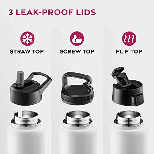 FineDine Water Bottle - Stainless Steel Insulated Water Bottle with Straw Lid, Flip Lid & Wide-Mouth Cap - Keeps Hot and Cold - 25 Oz / 739ml - Pure Pearly White - 3