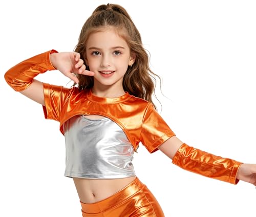 Image of LOLANTA Girls Metallic Top Kids Sparkly Disco Hip Hop Performance Tops Shiny Ballet Dance Tops with Metallic Arm Sleeves, Orange, 11-12 Years, 160
