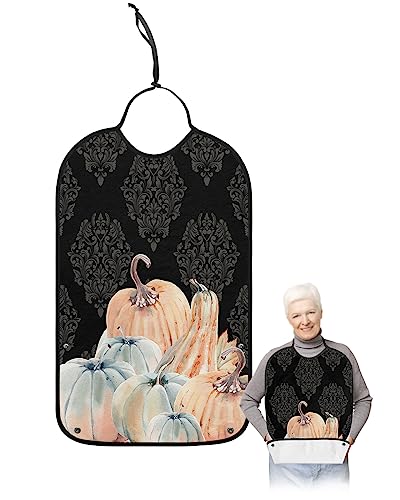 LEOKOTI Thanksgiving Adult Bibs for Eating, Waterproof Bibs with Food Catcher & Adjustable Snap Closure, Watercolor Pumpkin Black Pattern Washable Clothing Protectors Adult Bibs for Elderly Women/Men