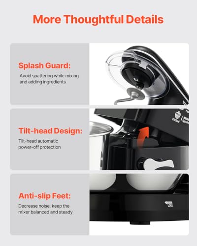 VEVOR Stand Mixer, 5QT Dough Mixer, 10+P Speeds Tilt-head Food Mixer, Kitchen Mixer with Stainless Steel Bowl, Dough Hook, Wire Whip, Beater, Scraper, Household Stand Mixer for Baking Mixing, Black - Image 6