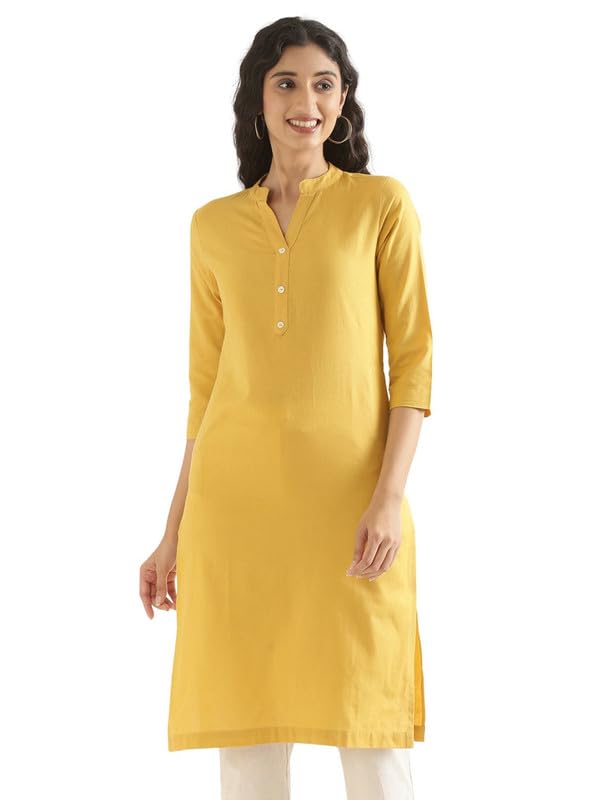 Image of SAADAA Women's Linen Straight Fit Straight Long Kurta Airy Plain Kurta, 3 /4 Sleeve, Knee Length Kurtis with Pockets, Casual and Office Wear
