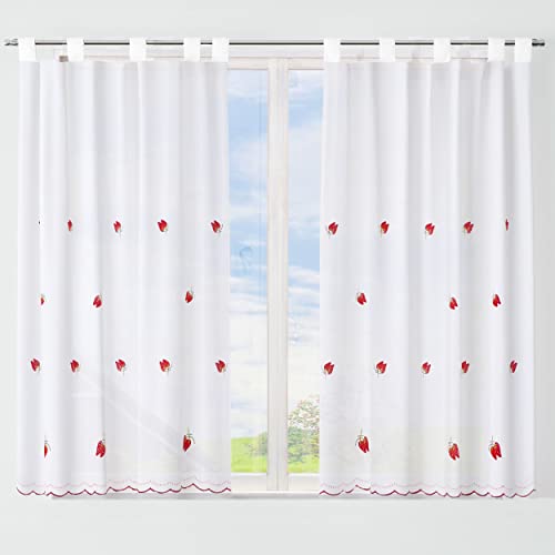 Dalina Textil - Cortina de Cocina Translúcido con Bordado, Visillo Transparente para Cocina, Comedor, Marco de Puerta 2 Piezas Tejido Gasa Fina(Bordados Fresas, 100x140cm)
